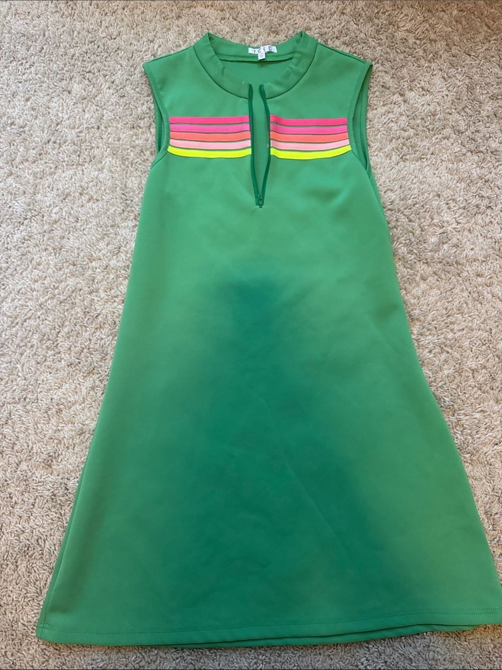TCEC Green Sleeveless A-Line Dress with Pink and Yellow Trim